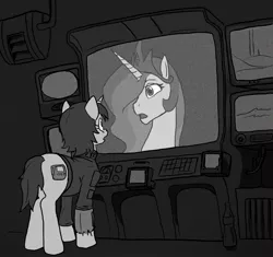 Size: 1002x942 | Tagged: safe, artist:toasterrepairunit, derpibooru import, princess celestia, oc, oc:littlepip, pony, unicorn, fallout equestria, fanfic, ask-littlepip, black and white, clothes, fanfic art, female, grayscale, mare, monochrome, pipbuck, pipleg, screen, single pegasus project, vault suit