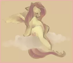 Size: 658x569 | Tagged: artist:busoni, blushing, cloud, cute, derpibooru import, eyes closed, fluttershy, pregnant, safe, sitting, smiling, solo, spread wings