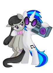 Size: 10200x14039 | Tagged: safe, artist:pridark, derpibooru import, octavia melody, vinyl scratch, earth pony, pony, unicorn, absurd resolution, bipedal, boombox, bowtie, cutie mark, female, hooves, horn, hug, lesbian, mare, octavia is not amused, scratchtavia, shipping, simple background, smiling, sunglasses, teeth, transparent background, unamused, vector