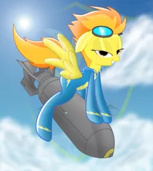 Size: 1417x1587 | Tagged: safe, artist:spitshy, derpibooru import, spitfire, pegasus, pony, atomic bomb, bedroom eyes, bomb, dr. strangelove, goggles, latex, latex suit, looking at you, riding, riding a bomb, stupid sexy spitfire, wonderbolts uniform