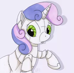 Size: 900x888 | Tagged: safe, artist:scarabdynasty1, derpibooru import, sweetie belle, pony, robot, robot pony, unicorn, female, filly, foal, gray background, hooves, horn, open mouth, simple background, solo, sweetie bot