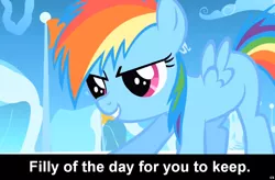 Size: 1024x672 | Tagged: safe, derpibooru import, rainbow dash, pegasus, pony, caption, cloudsdale, cs captions, filly, filly rainbow dash, flag, foal, solo