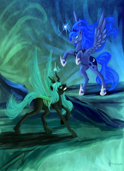 Size: 1275x1755 | Tagged: safe, artist:dalagar, derpibooru import, princess luna, queen chrysalis, alicorn, changeling, changeling queen, pony, female