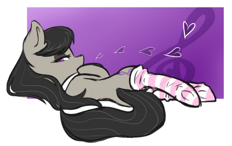 Size: 987x621 | Tagged: artist:chocolath, bedroom eyes, clothes, derpibooru import, female, heart, octavia melody, socks, socktavia, solo, solo female, striped socks, suggestive, sultry pose