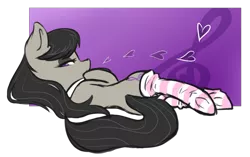 Size: 987x621 | Tagged: artist:chocolath, bedroom eyes, clothes, derpibooru import, female, heart, octavia melody, socks, socktavia, solo, solo female, striped socks, suggestive, sultry pose