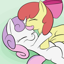 Size: 600x600 | Tagged: safe, artist:lamia, derpibooru import, apple bloom, sweetie belle, earth pony, pony, unicorn, animated, bow, chewing, cotton candy, cute, eyes closed, female, filly, food, hair bow, hug, nom, on back, prone, smiling, underhoof