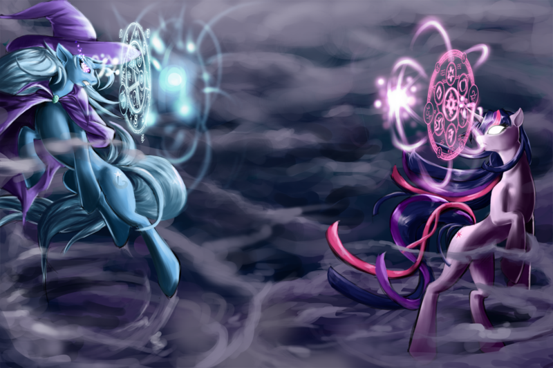 Size: 1500x1000 | Tagged: artist:laweegie, derpibooru import, duel, duo, fight, glowing eyes, magic, runes, safe, trixie, twilight sparkle