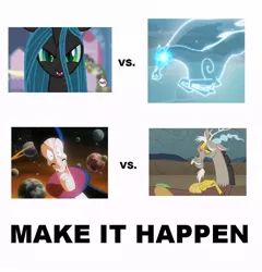 Size: 672x700 | Tagged: all caps, changeling, changeling queen, derpibooru import, discord, exploitable meme, female, make it happen, meme, meta, queen chrysalis, safe, the king of wonderland, vs, windigo