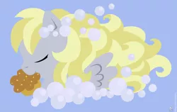 Size: 1500x950 | Tagged: safe, artist:raygirl, derpibooru import, derpy hooves, pegasus, pony, blue eyes, epic derpy, eyes closed, female, lineless, mare, mouth hold, muffin, simple background, solo, spread wings, wings