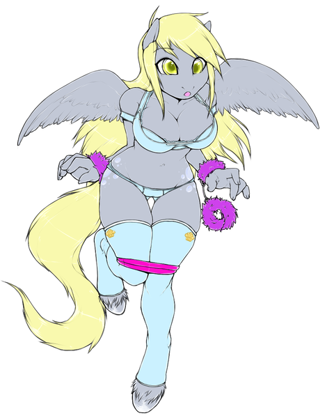 Size: 808x1031 | Tagged: dead source, suggestive, artist:niisbbb, derpibooru import, derpy hooves, anthro, pegasus, unguligrade anthro, bondage, both cutie marks, bra, breasts, busty derpy hooves, cleavage, clothes, cuffs (clothes), female, fuzzy handcuffs, image, lingerie, panties, png, simple background, solo, spread wings, standing, standing on one leg, stockings, underass, underwear, unshorn fetlocks, white background, wings