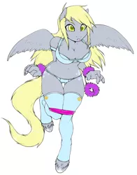 Size: 808x1031 | Tagged: dead source, suggestive, artist:niisbbb, derpibooru import, derpy hooves, anthro, pegasus, unguligrade anthro, bondage, both cutie marks, bra, breasts, busty derpy hooves, cleavage, clothes, cuffs (clothes), female, fuzzy handcuffs, image, lingerie, panties, png, simple background, solo, spread wings, standing, standing on one leg, stockings, underass, underwear, unshorn fetlocks, white background, wings