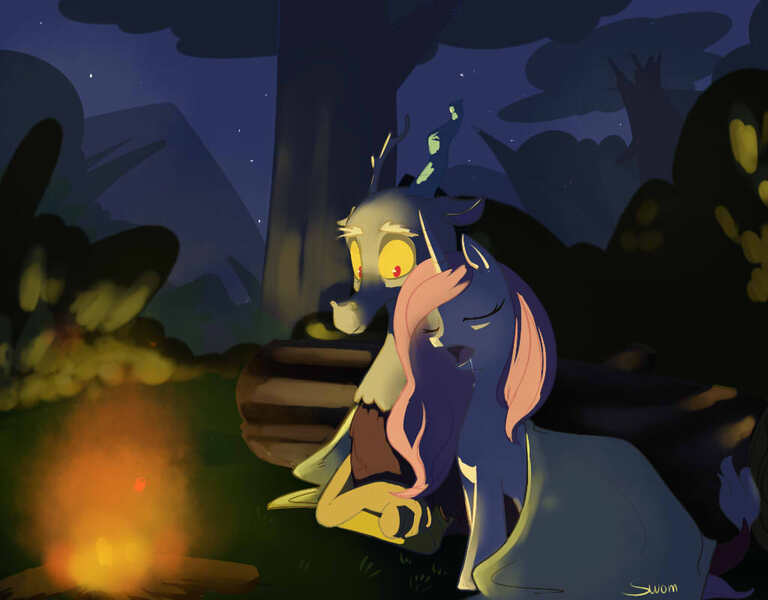 Size: 1024x800 | Tagged: safe, artist:swomswom, derpibooru import, discord, princess celestia, campfire, dislestia, female, image, jpeg, male, night, pink-mane celestia, shipping, sleeping, straight, young, younger