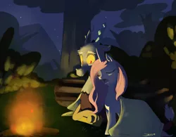 Size: 1024x800 | Tagged: safe, artist:swomswom, derpibooru import, discord, princess celestia, campfire, dislestia, female, image, jpeg, male, night, pink-mane celestia, shipping, sleeping, straight, young, younger