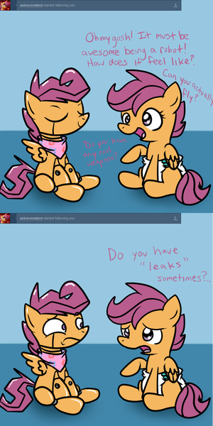 Size: 700x1400 | Tagged: artist:fillyscoots42, ask crinkleloo, derpibooru import, diaper, diaper fetish, questionable, scootabot, scootaloo