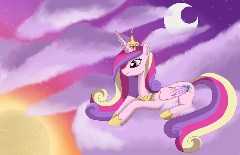 Size: 1330x861 | Tagged: safe, artist:mel-rosey, derpibooru import, princess cadance, alicorn, pony, cloud, female, mare, moon, solo, sun