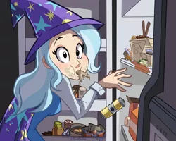 Size: 1500x1200 | Tagged: artist:ric-m, cape, caught, clothes, cute, derpibooru import, diatrixes, female, food, funny, hat, human, humanized, i emptied your fridge, looking at you, refrigerator, safe, trixie, trixie's cape, trixie's hat