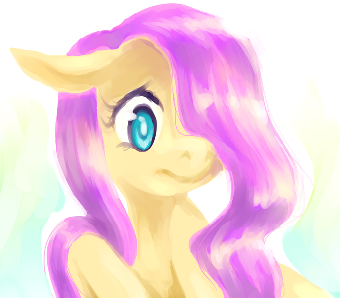 Size: 800x700 | Tagged: safe, artist:tearzah, derpibooru import, fluttershy, pony, bust, female, floppy ears, hair over one eye, looking at you, mare, portrait, solo, three quarter view