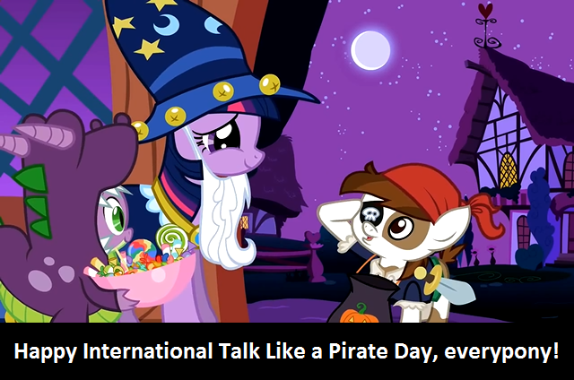 Size: 640x424 | Tagged: safe, derpibooru import, edit, edited screencap, screencap, pipsqueak, spike, twilight sparkle, dragon, earth pony, pony, luna eclipsed, calibri, candy, caption, clothes, colt, costume, dragon costume, food, international talk like a pirate day, male, nightmare night, nightmare night costume, pirate, pirate costume, salute, star swirl the bearded costume