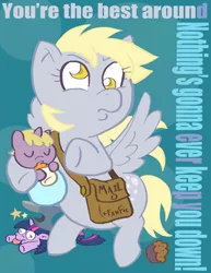 Size: 400x518 | Tagged: safe, artist:kevinbolk, derpibooru import, derpy hooves, dinky hooves, twilight sparkle, pegasus, pony, unicorn, baby, baby pony, colored pupils, equestria's best mother, female, food, joe esposito, mailbag, mare, muffin, song reference, the best around