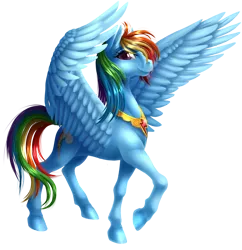 Size: 1360x1403 | Tagged: artist:kittehkatbar, backwards cutie mark, derpibooru import, element of loyalty, rainbow dash, safe, semi-realistic, simple background, spread wings, transparent background