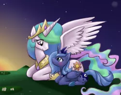 Size: 600x470 | Tagged: safe, artist:mahoxyshoujo, derpibooru import, princess celestia, princess luna, alicorn, pony, duo, duo female, female, prone, s1 luna, sisters