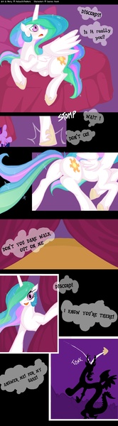 Size: 2028x7316 | Tagged: safe, artist:falleninthedark, derpibooru import, discord, princess celestia, comic, dislestia, female, male, shipping, straight, the chaotic and the regretful