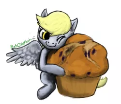 Size: 654x559 | Tagged: safe, artist:ratchieftain, derpibooru import, derpy hooves, pegasus, pony, female, food, giant muffin, impossibly large muffin, mare, muffin, simple background, smiling, solo, that pony sure does love muffins, white background