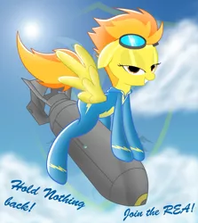 Size: 1417x1587 | Tagged: safe, artist:spitshy, derpibooru import, spitfire, pegasus, pony, atomic bomb, bomb, goggles, latex, latex suit, riding a bomb, wonderbolts uniform