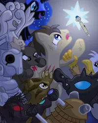 Size: 1000x1250 | Tagged: grimdark, artist:wolferahm, derpibooru import, doctor whooves, nightmare moon, time turner, changeling, cyberman, cyborg, gryphon, pony, werewolf, story of the blanks, :3, adipose, blood, dalek, doctor who, imminent death, silurian, sonic screwdriver, weeping angel