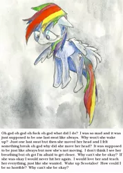 Size: 600x845 | Tagged: semi-grimdark, derpibooru import, rainbow dash, pegasus, pony, female, implied death, mare, pov, regret, sad, scootabuse, vulgar