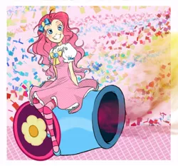Size: 652x608 | Tagged: artist:zoe-productions, derpibooru import, grin, humanized, party cannon, pinkie pie, safe, solo