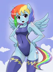 Size: 700x949 | Tagged: ambiguous facial structure, anthro, armpits, artist:shepherd0821, breasts, clothes, derpibooru import, female, one-piece swimsuit, rainbow dash, solo, solo female, stockings, suggestive, swimsuit