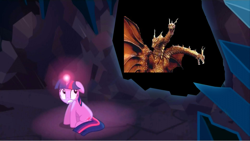 Size: 1067x601 | Tagged: safe, derpibooru import, edit, edited screencap, screencap, twilight sparkle, kaiju, pony, unicorn, a canterlot wedding, 1000 years in photoshop, cave, cave meme, crossover, crystal caverns, exploitable meme, godzilla (series), grand king ghidorah, king ghidorah, meme, nightmare fuel, photoshop, unicorn twilight