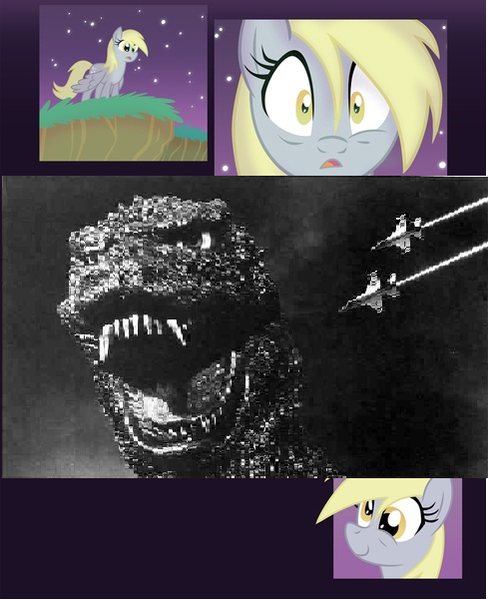 Size: 489x601 | Tagged: safe, derpibooru import, derpy hooves, kaiju, pegasus, pony, discovery meme, exploitable meme, female, godzilla, godzilla (series), godzilla 1984, mare, meme