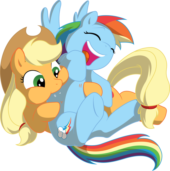 Size: 9500x9528 | Tagged: dead source, safe, artist:chaoskomori, artist:fehlung, derpibooru import, applejack, rainbow dash, absurd resolution, appledash, female, hoof tickling, lesbian, raspberry, shipping, simple background, tickling, transparent background, tummy buzz, vector