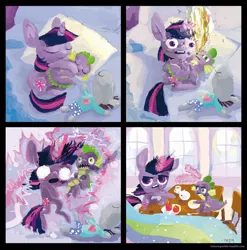 Size: 1280x1293 | Tagged: adorkable, artist:cygaj, breakfast, burning, cute, derpibooru import, dork, electrocution, hug, magic, mama twilight, safe, sleeping, spike, twilight sparkle