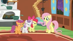 Size: 640x360 | Tagged: apple bloom, bedroom eyes, derpibooru import, ei, fluttershy, hub logo, out of context, safe, scootaloo, screencap, stare master, sweetie belle