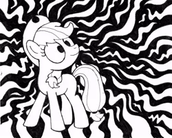 Size: 800x642 | Tagged: safe, artist:duckduckbear, derpibooru import, applejack, earth pony, pony, black and white, brain wave, female, grayscale, mare, monochrome, solo