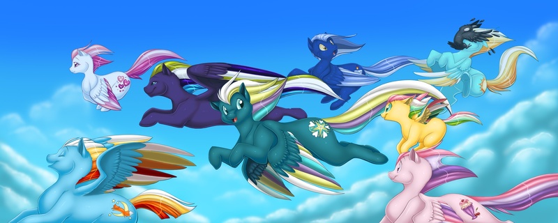 Size: 2382x952 | Tagged: artist:thiscrispykat, bird, derpibooru import, flying, g1, oc, safe