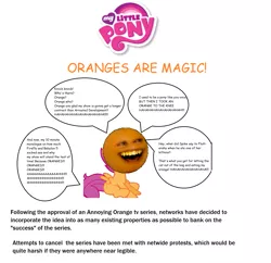 Size: 2092x2028 | Tagged: annoying orange, derpibooru import, high res, image macro, meme, meta, predictions, safe, scootaloo, terrible comedy, why