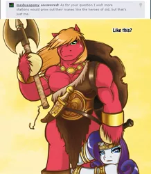 Size: 543x623 | Tagged: anthro, artist:redhotkick, ask big red macintosh, axe, big macintosh, conan the barbarian, derpibooru import, muscles, rarity, safe