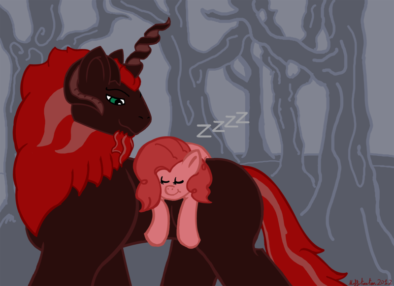 Size: 1901x1382 | Tagged: artist:tricornking, derpibooru import, everfree forest, king krampus, krampus, oc, oc:king krampus, pinkie pie, safe, the lord of aldheim, tired pie, tumblr