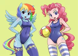 Size: 1000x718 | Tagged: ambiguous facial structure, anthro, armpits, artist:shepherd0821, belly button, breasts, clothes, derpibooru import, female, one-piece swimsuit, pinkie pie, rainbow dash, school swimsuit, socks, stockings, striped socks, suggestive, sukumizu, swimsuit
