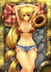 Size: 868x1227 | Tagged: applebucking thighs, applejack, arm behind head, armpits, artist:emperpep, belly button, bikini, breasts, busty applejack, clothes, curvy, daisy dukes, derpibooru import, female, hat, human, humanized, on back, orange swimsuit, plaid swimsuit, solo, solo female, suggestive, swimsuit, tailed humanization, underass, wide hips