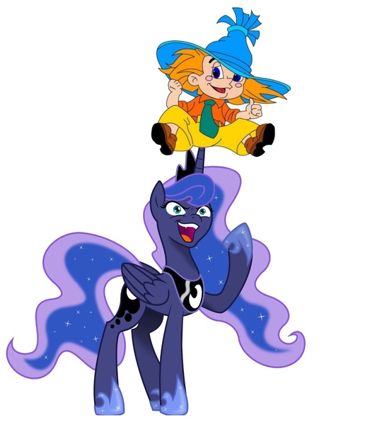 Size: 1404x1560 | Tagged: questionable, derpibooru import, princess luna, alicorn, human, pony, dunno, fangs, horn penetration, laughing, neznayka, open mouth, pointing, russian, russian animation, simple background, smiling, white background, wide eyes