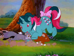 Size: 450x338 | Tagged: safe, derpibooru import, screencap, fizzy, mouse, pony, rabbit, raccoon, skunk, squirrel, twinkle eyed pony, unicorn, my little pony: the movie (g1), animal, animated, bow, female, g1, mare, stampede, tail bow