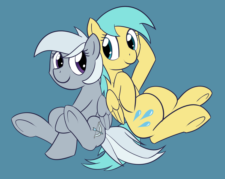 Size: 1280x1022 | Tagged: safe, artist:whatsapokemon, derpibooru import, silverspeed, sunshower raindrops, pegasus, pony, blue background, duo, duo female, female, hoof on head, looking at each other, mare, simple background, underhoof