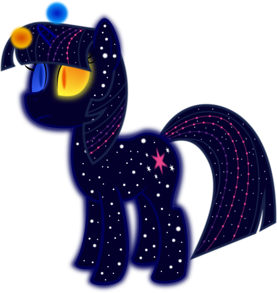 Size: 5692x6000 | Tagged: safe, artist:ambassad0r, derpibooru import, twilight sparkle, elemental, pony, series:magic is powerful, absurd resolution, ethereal mane, glowing eyes, heterochromia, moon, simple background, solo, starry body, starry mane, sun, the cosmos, transformed, transparent background