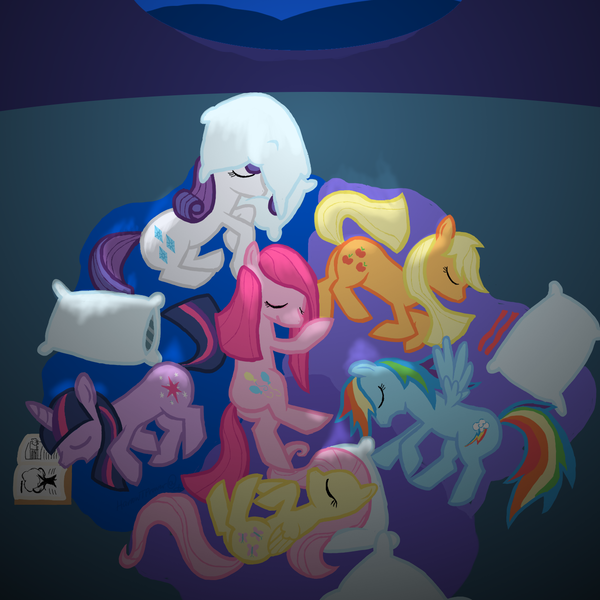 Size: 1416x1417 | Tagged: applejack, artist:heireau, cuddle puddle, cuddling, derpibooru import, fluttershy, mane six, pinkie pie, rainbow dash, rarity, safe, sleeping, sleepover, twilight sparkle