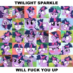 Size: 900x900 | Tagged: safe, derpibooru import, screencap, twilight sparkle, lesson zero, angry, blushing, derp, facial expressions, faic, floppy ears, frown, glare, grin, gritted teeth, hub logo, magic, messy mane, smiling, squee, twilight snapple, vulgar, wide eyes, wingding eyes